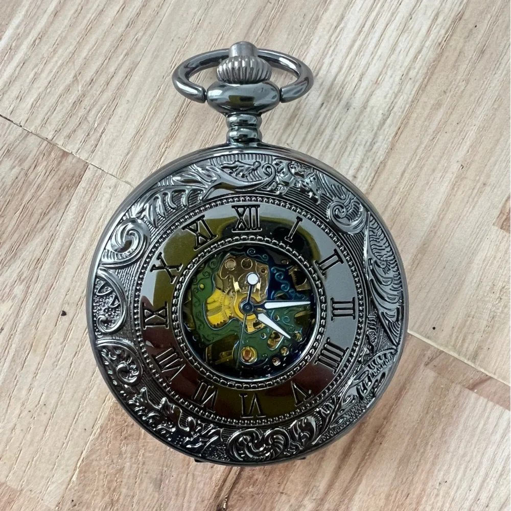 Black mechanical double sided Skelton peephole pocket watch working
